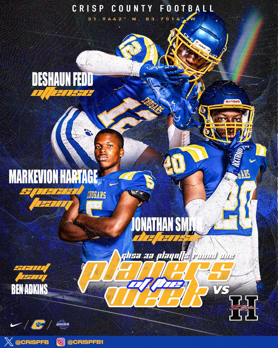 CrispFB's tweet photo. Congrats to the Players of the Week against @HephzibahFootb1‼️

OFFENSE: ‘26 WR Deshaun Fedd
@deshaun_fedd 
DEFENSE: ‘24 DB Jonathan Smith, Jr. 
@JonathanSmithJ3 
SPT: ‘25 QB/ LS Markevion Hartage
@markevion_hart 
SCOUT: ‘27 DL Ben Adkins 

#CHOOSETOBEGREAT https://t.co/jJ2IFqlk1y
