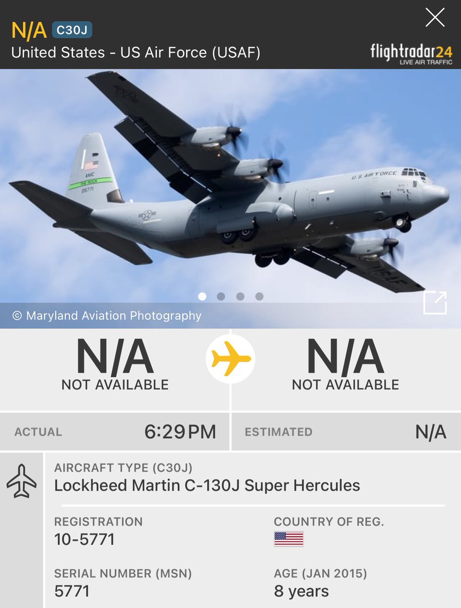 ClarkKe49569692's tweet photo. #USAF C-130J climbing out of Al Udeid Air Base in Qatar.
In the last few days they have been seen near the Sinai Peninsula, Erbil, Baghdad,
and Kuwait.
#AE54C8 - 10-5771 -5771 https://t.co/TSzuxRdESg