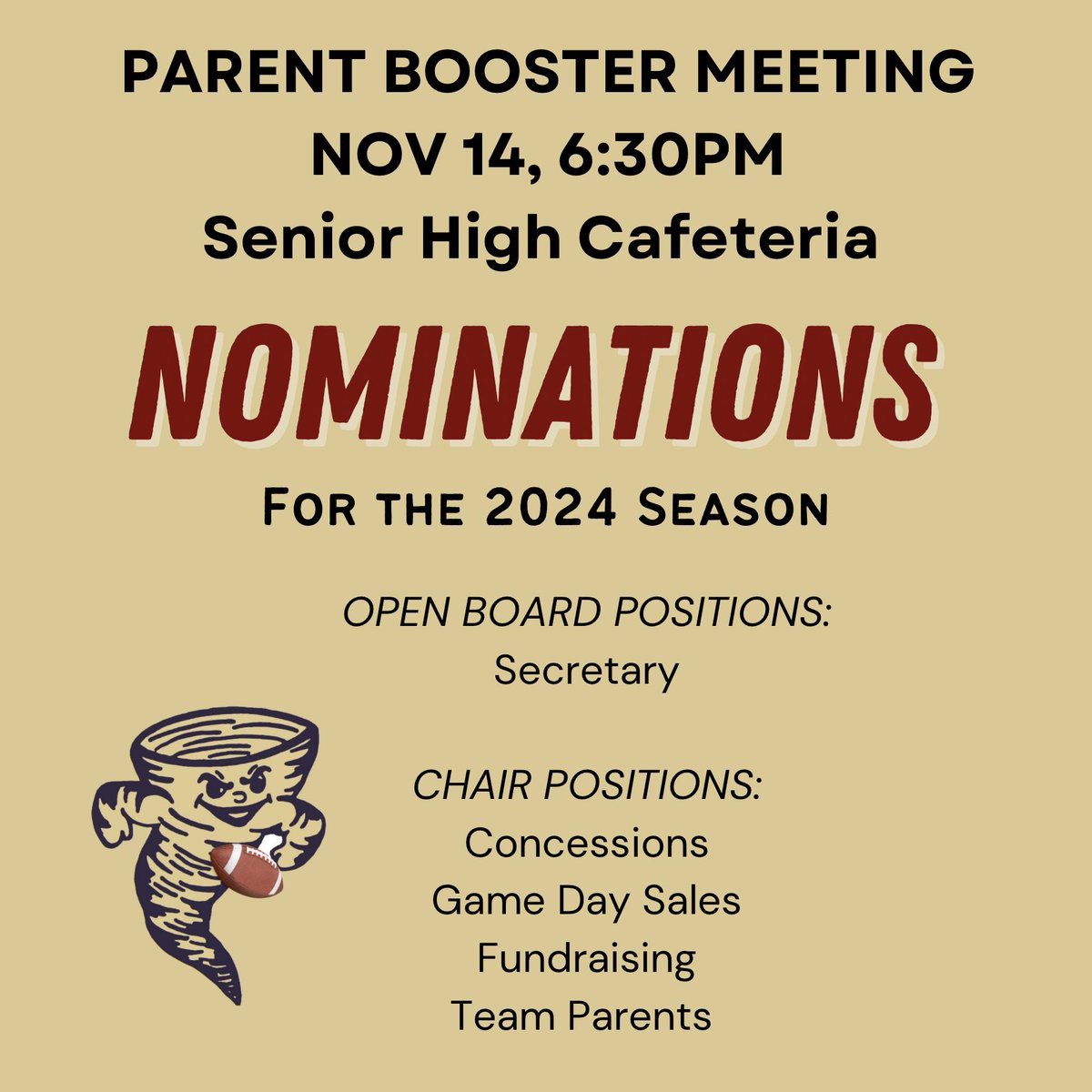 Now is your chance to get involved. We are doing something new this year and adding Chair Positions to the board. These roles will not hold voting privileges, but rather support the existing board. Spread the word and hope to see you there! #boardnominations #footballboosters