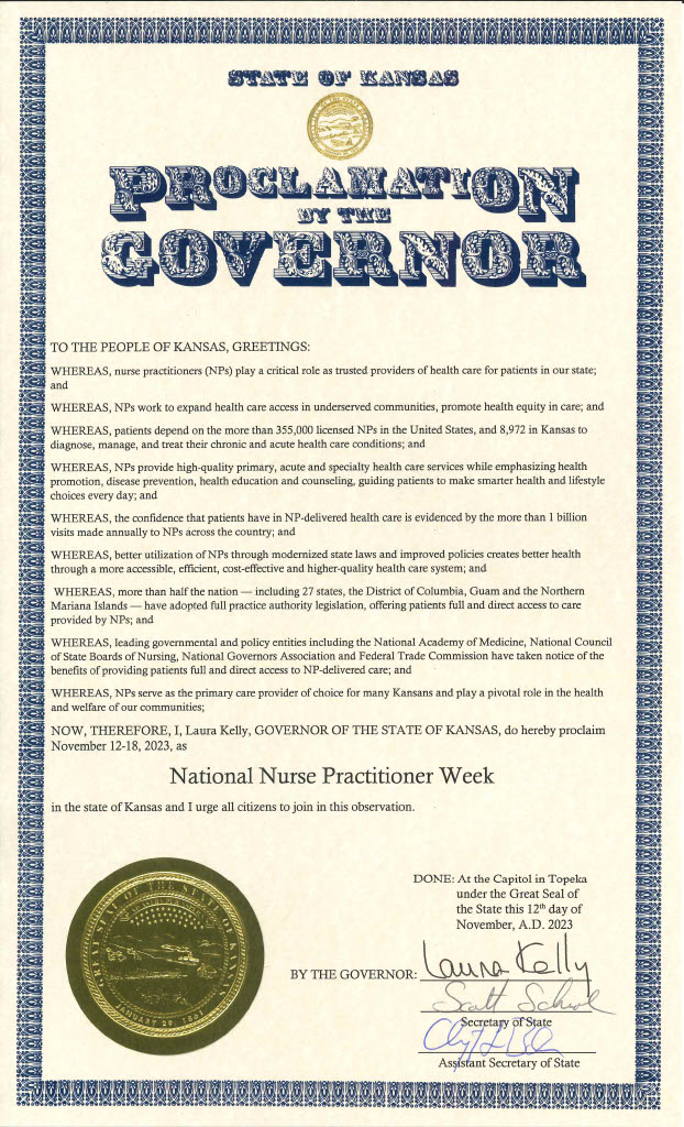 SusanHofmannNP's tweet image. @KansasKAPN @GovLauraKelly 📣📣HAPPY NATIOANL NP WEEK!  GOVERNOR KELLY PROCLAIMED 12-18 NOVEMBER 2023 AS NP WEEK IN KS! CELEBRATE AND THANK A NP TODAY!!  #NPSLEAD #KAPN