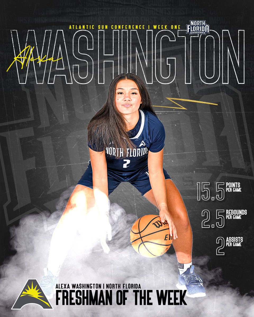 .<a href="/ATWash22/">Alexa Washington</a> of <a href="/OspreyWBB/">UNF Women's Basketball</a> earns the first #ASUNWBB Freshman of the Week nod of the 2⃣0⃣2⃣3⃣-2⃣4⃣ season‼️🏀👏

Averaged 15.5 ppg for the <a href="/UNFOspreys/">UNF Athletics</a> in the opening week. 

🔗| asunsports.org/news/2023/11/1…

#ASUNBuilt | #SWOOP