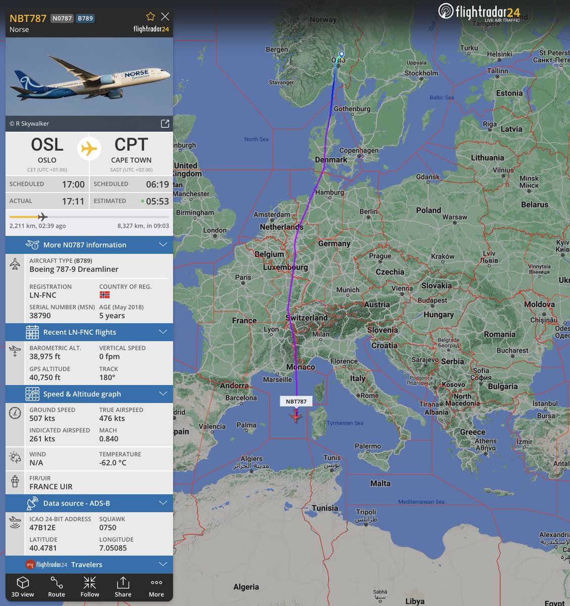 flightradar24's tweet image. 🇳🇴✈️🇿🇦✈️🇦🇶 @flynorse and @NorskPolar scientists are on their way to Troll station in Antarctica. After a stop over in Cape Town, this will be the first ever 787 landing in Antarctica.