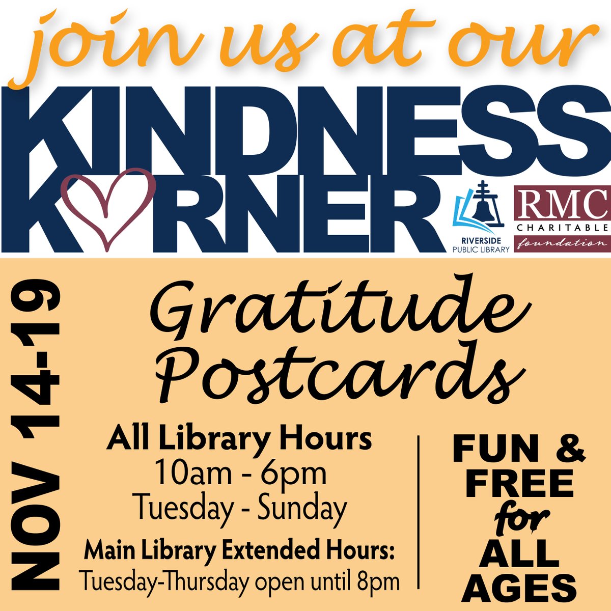 RMCFound's tweet image. Come out and visit your local Riverside Public Library this week. We will be hosting our Kindness Korner, where we will be making Gratitude Postcards! We hope to see you there! 
@RivLibrary 

#KindnessKorner #RiversidePublicLibrary #ABI #RMCCF
