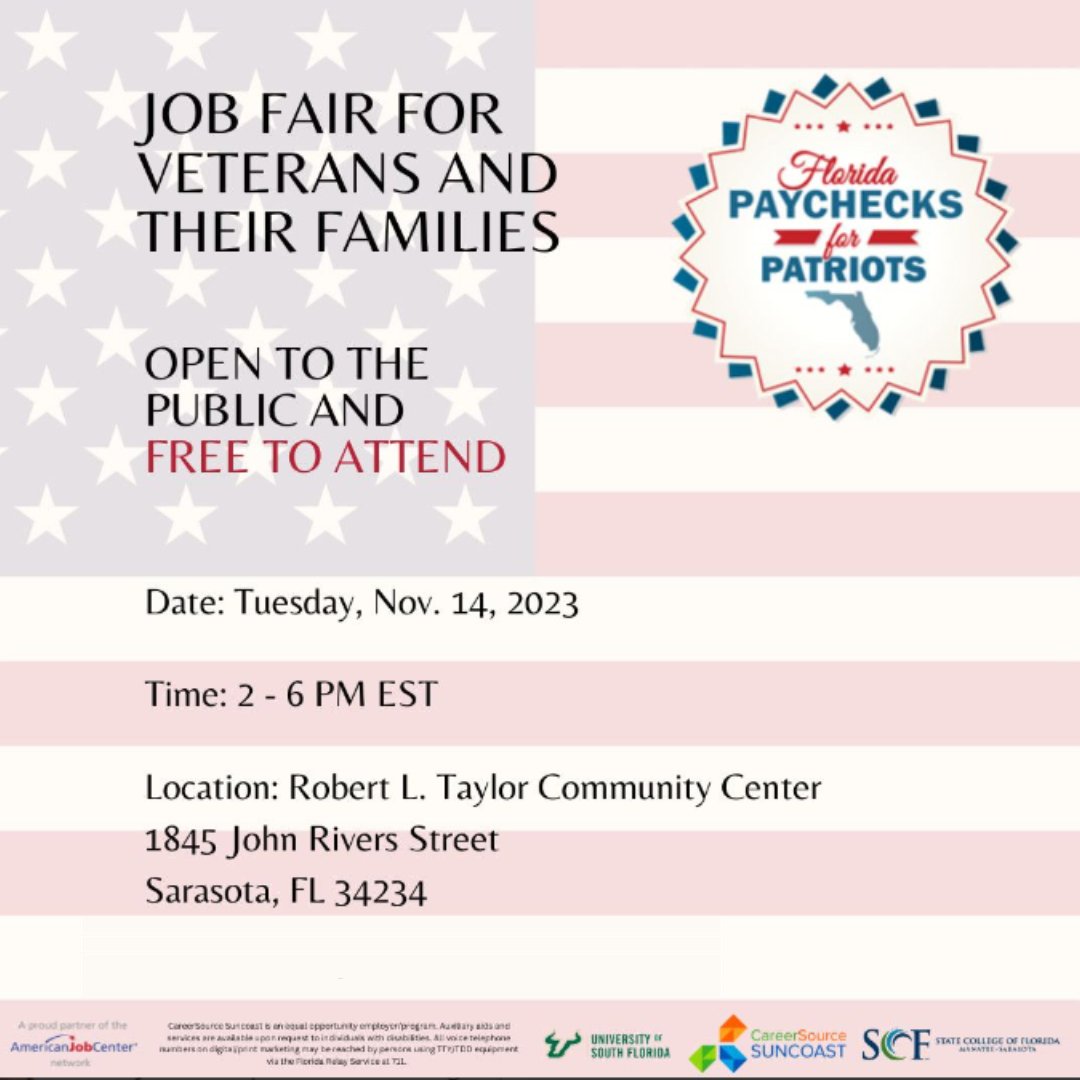 REMINDER! Wesco Turf's Gillian Murphy will be attending the CareerSource Suncoast Job Fair for Veterans and their Families TOMORROW, from 2-6 p.m. at the Robert L. Taylor Community Center at 1845 John Rivers Street Sarasota, FL 34234. #nowhiring #hiringveterans #careersource