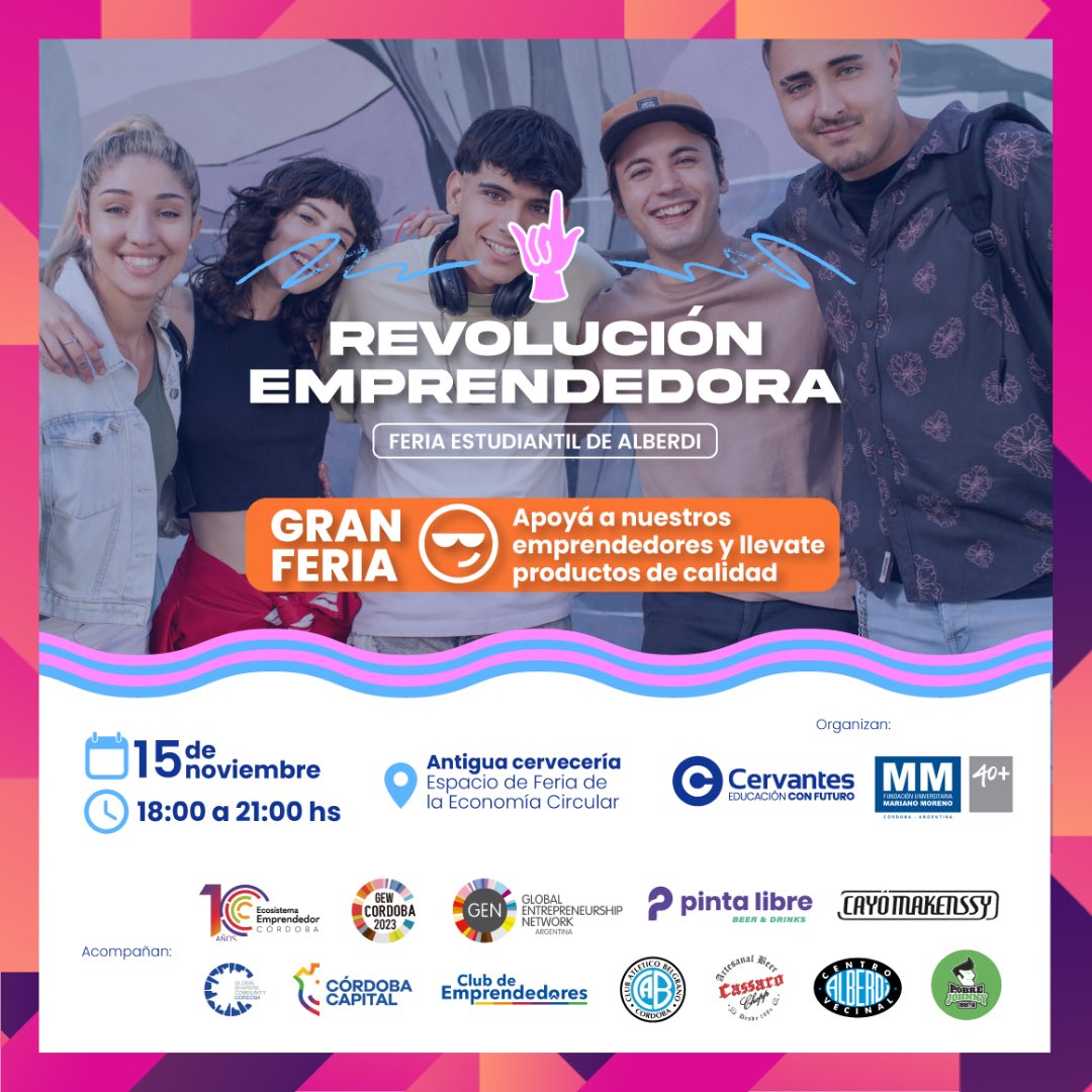 🤩 ¡Se viene la Feria Estudiantil de Alberdi: Revolución Emprendedora!

¡Agendá la fecha!
🗓️ 15 de noviembre
⏰ 18:00 a 21:00
📍 Antigua Cerveceria, barrio Alberdi

💙 ¡No dejes pasar la oportunidad de apoyar a estos jóvenes emprendedores!

#RevoluciónEmprendedora
