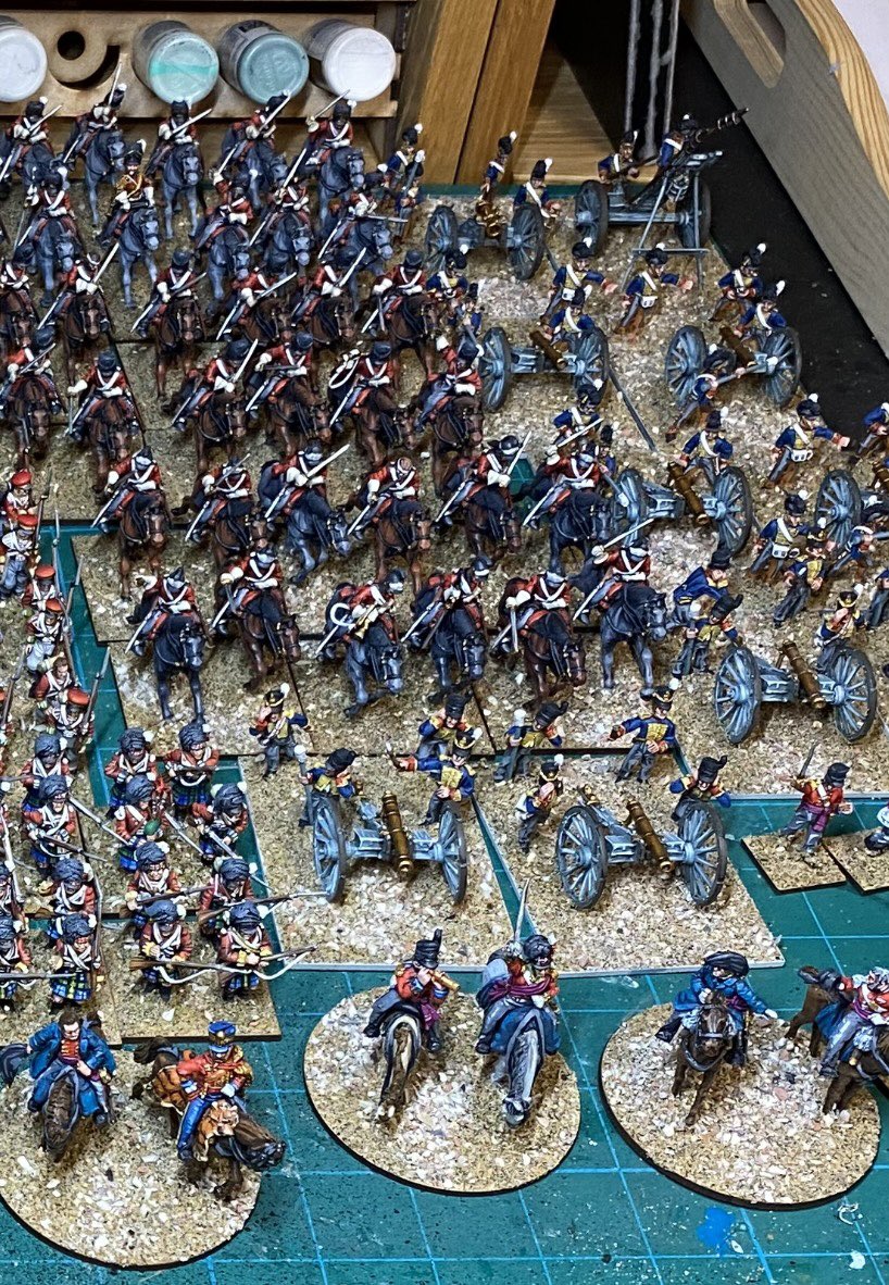 A hobby tweet… Spent some time this weekend progressing my 1815 British Waterloo army! It was a childhood dream to play big battles with toy soldiers and it’s nearly there… Battalion flags needed along with adding mud and grass to the bases! Can you spot Capt. Sharpe?