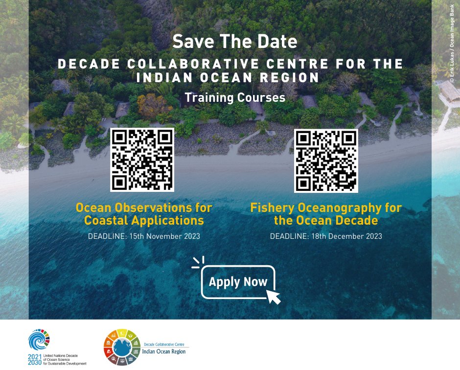 Apply now—Training courses by the Decade Collaborative Centre for the Indian Ocean <a href="/DCC_IOR/">Decade Collaborative Centre - Indian Ocean Region</a>

1️⃣ Ocean Observations for Coastal Applications
📅 29 Jan 29 - 7 Feb '24
incois.gov.in/ITCOocean/pogo…

2️⃣ Fishery Oceanography for the #OceanDecade
📅 18 Jan - 7 Feb '24
incois.gov.in/ITCOocean/itco…