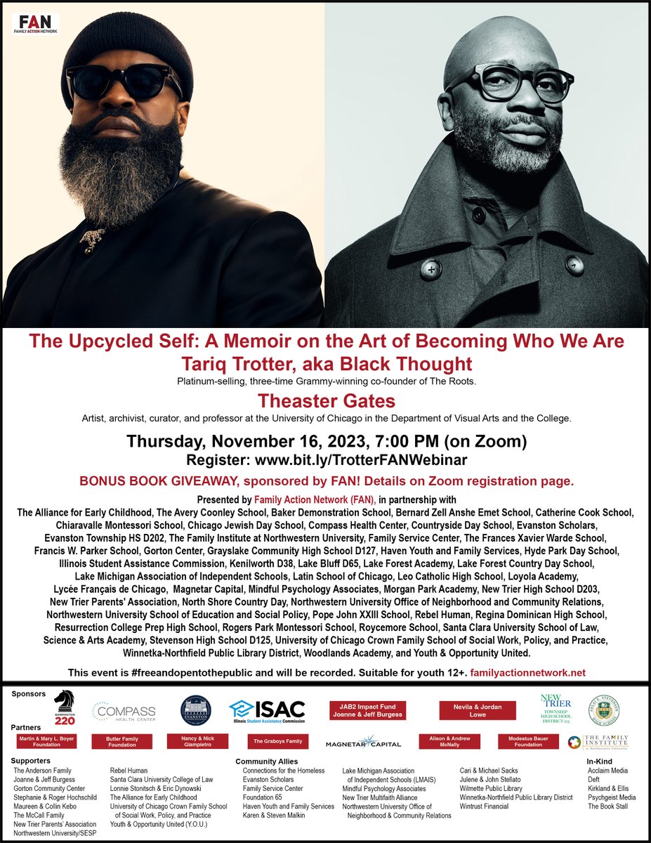 Join @TheasterGates in discussion with @blackthought, author of 'The Upcycled Self: A Memoir on the Art of Becoming Who We Are' as they discuss Trotter's book during a @FamilyActionNet webinar taking place on November 16, 2023. Learn more and register: bit.ly/TrotterFANWebi…