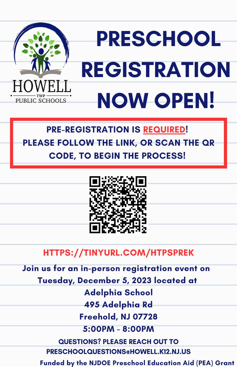 We are excited for our first in-person preschool registration event, for all Howell 3-and-4-year-old children, on Tuesday, December 5, 2023! Please see the flyer for more information and how to pre-register! #HTPSCommunityEngagement #HTPSLearnerSuccess