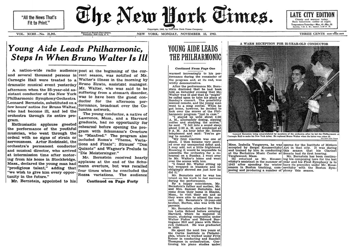 LennyBernstein's tweet photo. The Debut Concert: 80 Years Ago!
On November 14, 1943, Leonard Bernstein substituted on a few hours’ notice for the ailing Bruno Walter at a @carnegiehall concert of the @NYPhil. The concert was broadcast nationally and received critical acclaim and @NYTimes front page coverage. https://t.co/wR7hjX8D1p