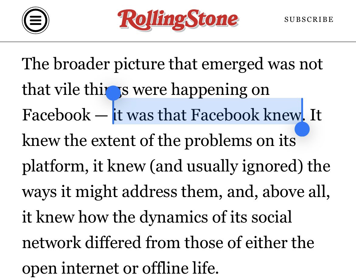 Fascinating read. “It was that Facebook knew.” This to me is the operative statement of the company’s entire history. It fit the inflated reach, deceptive video metrics, platform data leakage, even the useless “certification” from Cambridge Analytica. They knew.