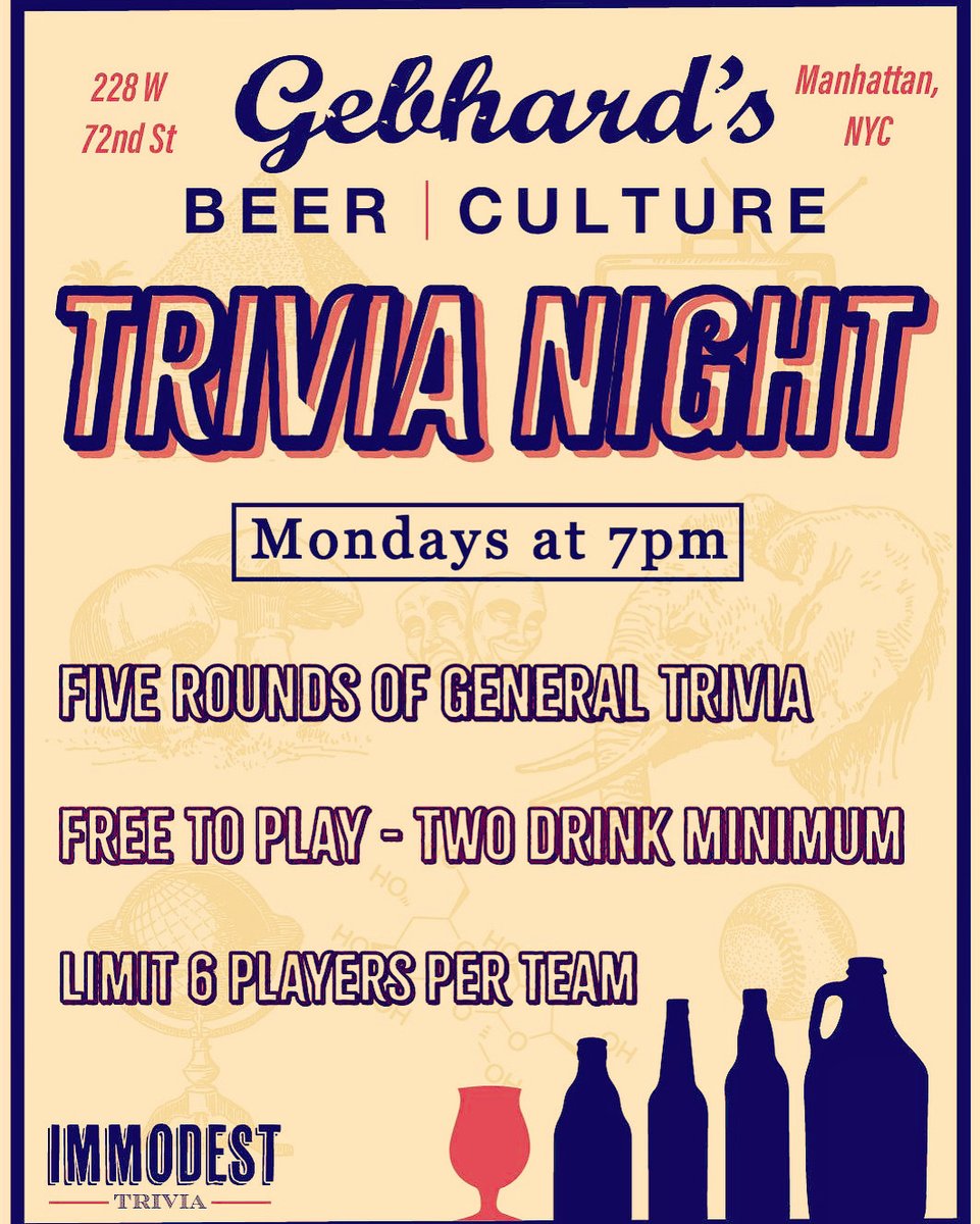 Mon Trivia Night Time AGAIN!  🔥💡🔥💡Be there tonight! We start at 7PM but you can start pre-gaming at 3! Win some prizes for being a freakin genius!
#gebhardsbeerculture #craftbeer #upperwestside #beerculture #upperwestsidebar #beer #beerlover #trivianight #immodesttrivia