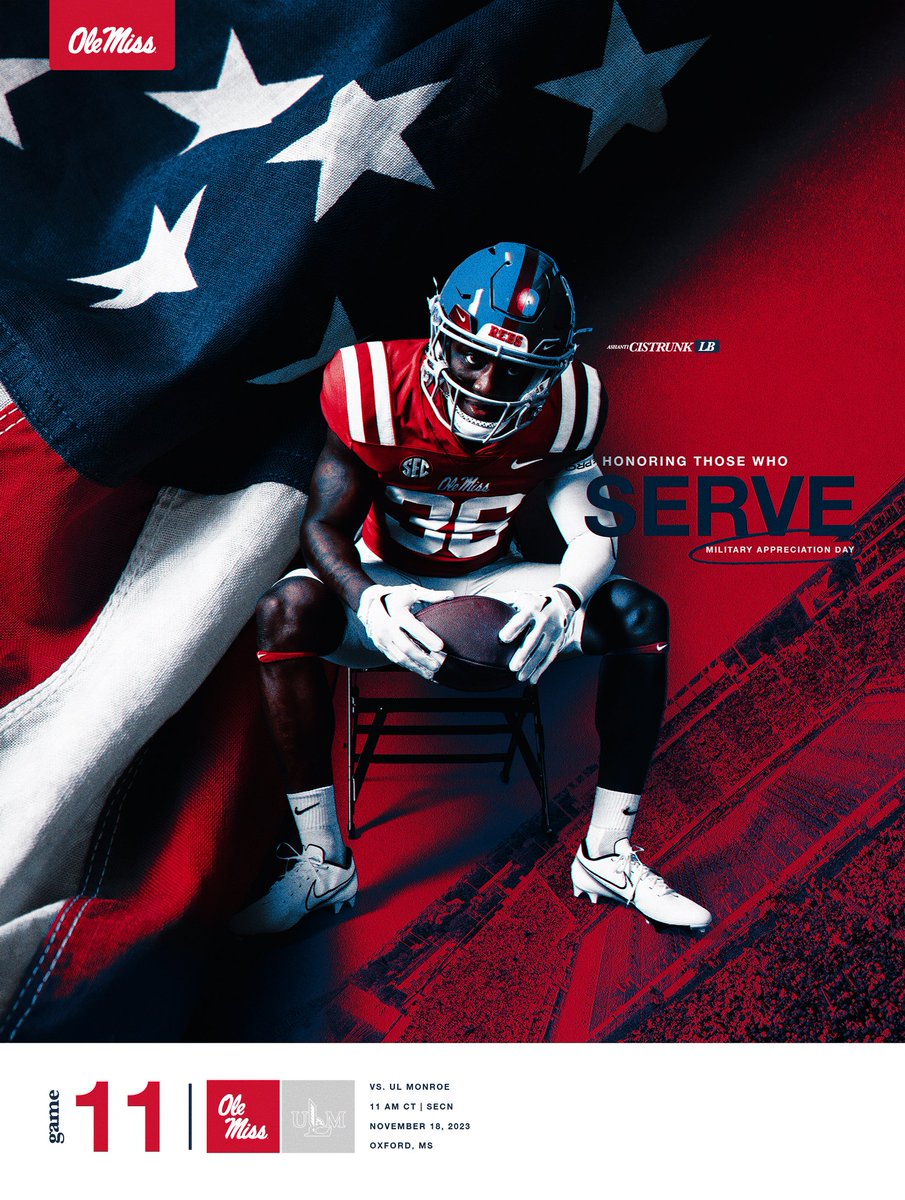 Ole Miss Football (@olemissfb) on Twitter photo Military Appreciation Game ๐บ๐ธ
๐ ULM
๐๏ธ Nov. 18
๐ก 11:00 AM
๐บ <a href="/SECNetwork/">SEC Network</a>
#HottyToddy Military Appreciation Game ๐บ๐ธ
๐ ULM
๐๏ธ Nov. 18
๐ก 11:00 AM
๐บ <a href="/SECNetwork/">SEC Network</a>
#HottyToddy