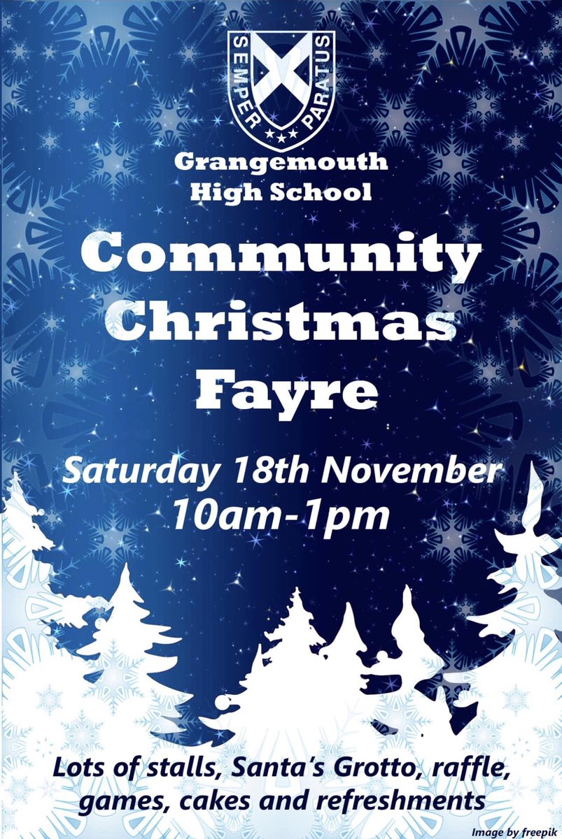 Just a reminder that Grangemouth High School is hosting a Community Christmas Fayre this Saturday! The fayre is open to all and there is no entry fee. Lots of small local businesses will be in attendance as well as games stalls, a raffle with incredible prizes, and Santas Grotto!