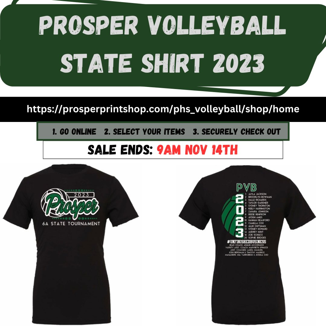 prospervb's tweet photo. Order your Prosper Volleyball State shirt today!! Store is closing tomorrow at 9am!

🔗 https://t.co/agfGeUyCnF https://t.co/xRRFndTiov