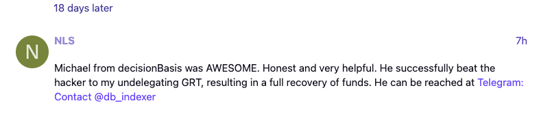 graphtronauts_c's tweet image. Big shoutout to @decisionBasis within the @graphprotocol community for stepping up to help a delegator recover funds from a compromised wallet. It's actions like these that strengthen our trust and security. #CommunitySupport $GRT #GraphProtocol