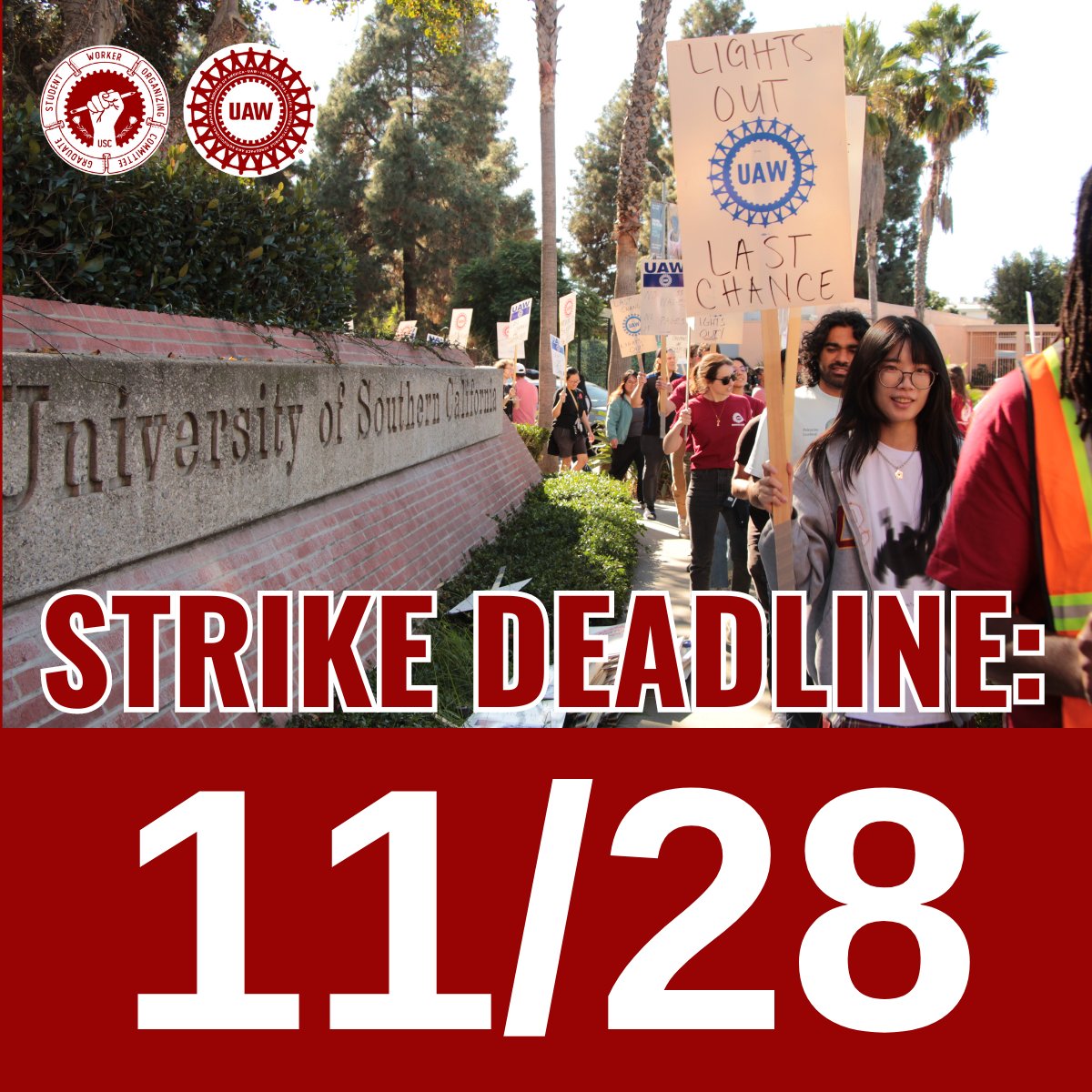 USC administration has until November 28th to come to the table with fair offers and stop committing unfair labor practices. If they fail to do so, GSWs will strike starting Tues. 11/28. Up until then, admin has the power to agree to a fair contract and keep <a href="/USC/">USC</a> running.⌛️