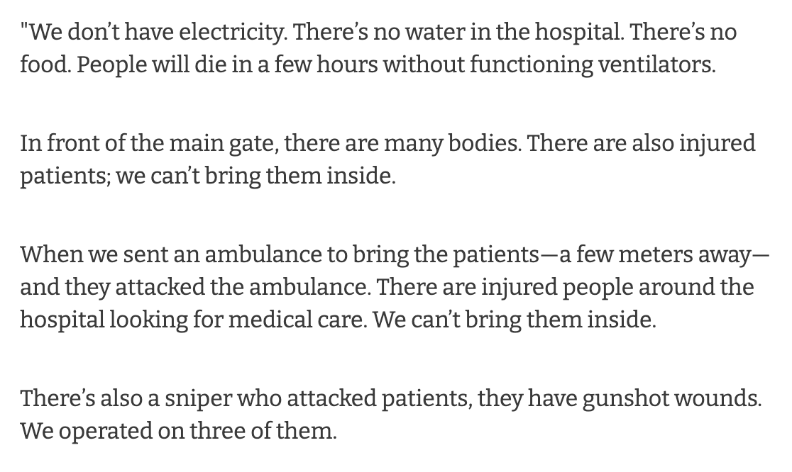 At 8:10am local time today, MSF was able to reach a member of our team in Al-Shifa Hospital in Gaza after losing contact during relentless attacks by Israeli forces over the past few days. 

Here is what our colleague told us while still inside the hospital: