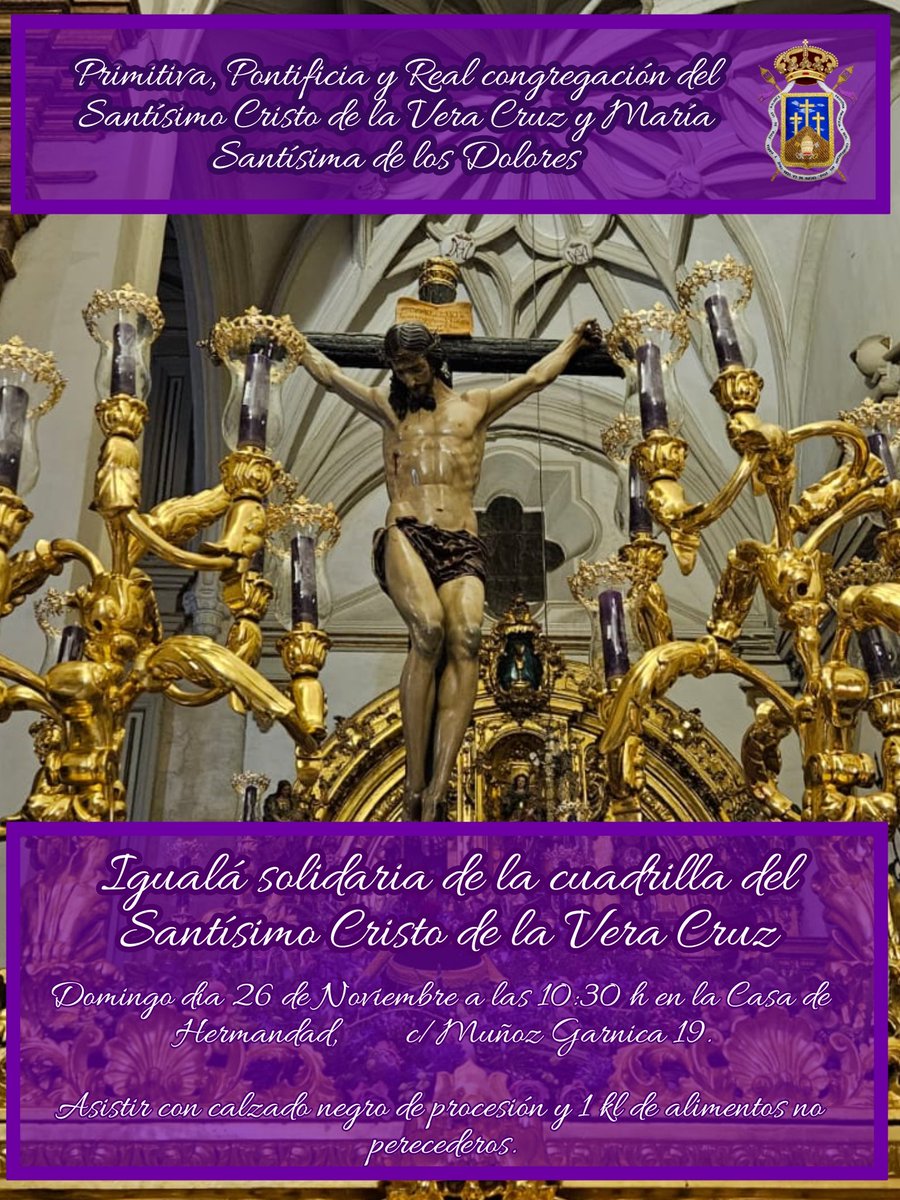 Igualá de la cuadrilla del Santísimo Cristo de la Vera Cruz.

🗓️ Domingo 26 de Noviembre 
🕙 10:30 h
🏠 Casa de hermandad C/Muñoz Garnica 19 bajo 

#veracruzjaen