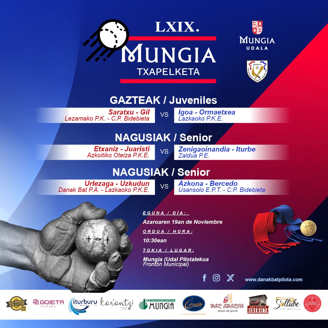 Danakbatpilota's tweet photo. Arrasti on pilotazaleok ⚾

Badator badator Mungiako LXIX. Txapelketa 🏆

Domekan ospatuko dogu lehenengoko festibala 10:30 tan hasite. 

Partiduetako protagonisten artean, Unai Urlezaga, klubeko pilotaria.

Erdu geugaz pilotaz gozatzera 🔵⚪

@MungiaUdala #EuskalPilota #Mungia https://t.co/YFQSCk0xiR