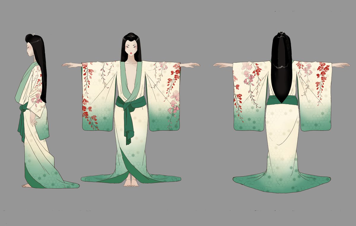 Here's a look at some more ✨fashion✨ work I did on Blue Eye Samurai. Akemi's bedroom kimono (I did a few color variants and we landed on pink, but I still love the green!) her golden Edo ensemble, some hairpieces for the Nightjar Girls, and Madam Kaji's flashback ensemble