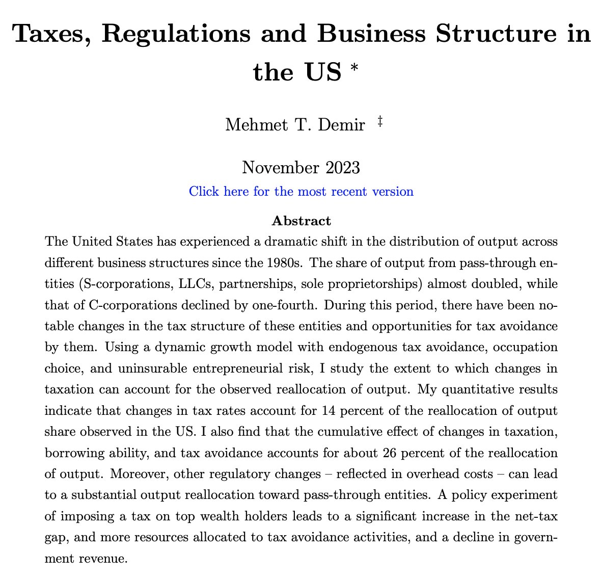 I am happy to share my #JMP: “Taxes Regulations and Business Structure in the US”. 

You can find the full paper and more on my website: mtdemir.com, and here I'll share some of the highlights.

#EconTwitter #EconJobMarket