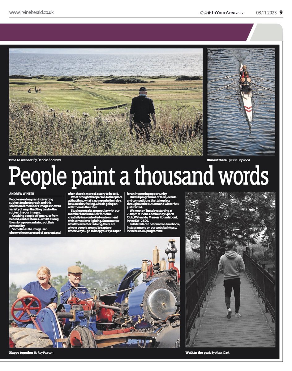Irvine Camera Club (@irvinecamclub) on Twitter photo 📸 PEOPLE 📸
This week, our regular feature in the <a href="/Irvine_Herald/">Irvine Herald</a> includes some of our member’s recent images that have portrayed people, either candidly going about their daily business or posing for the camera.
#photograghy #cameraclub #Newspaper #irvine #northayrshire 📸 PEOPLE 📸
This week, our regular feature in the <a href="/Irvine_Herald/">Irvine Herald</a> includes some of our member’s recent images that have portrayed people, either candidly going about their daily business or posing for the camera.
#photograghy #cameraclub #Newspaper #irvine #northayrshire