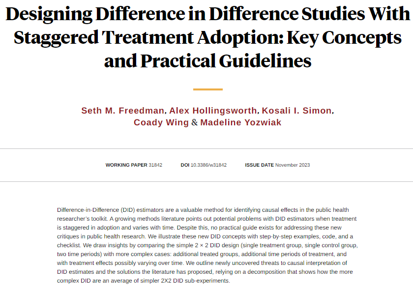 Newly uncovered threats to causal interpretation of Difference in Difference estimates, and the solutions the literature has proposed with step-by-step examples, code, and a checklist, from Freedman, @ajhollingsworth, @KosaliSimon, @coady_wing, and Yozwiak nber.org/papers/w31842