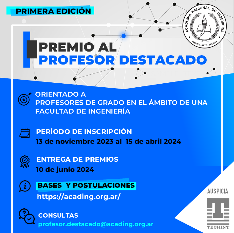 Anunciamos el lanzamiento del Premio Al Profesor Destacado, orientado a evidenciar públicamente a un educador excepcional, tanto en términos del impacto en sus alumnos como en la educación en Ingeniería en general.
Consultar bases y postulaciones en acading.org.ar/premio-al-prof…