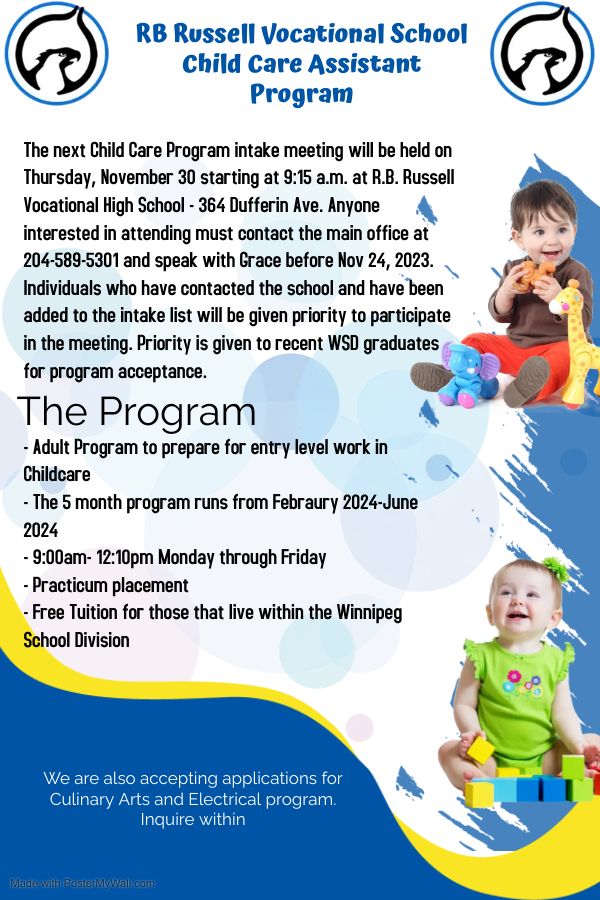 R. B. Russell HS (@rbrussellhs) on Twitter photo Looking for a career in child care? Our Child Care Assistant Program is having an intake on Thursday, November 30th at 9:15am. If you are interested in joining this program please contact Grace at Gjohnston@wsd1.org to reserve your spot at the intake session. @WinnipegSD Looking for a career in child care? Our Child Care Assistant Program is having an intake on Thursday, November 30th at 9:15am. If you are interested in joining this program please contact Grace at Gjohnston@wsd1.org to reserve your spot at the intake session. @WinnipegSD