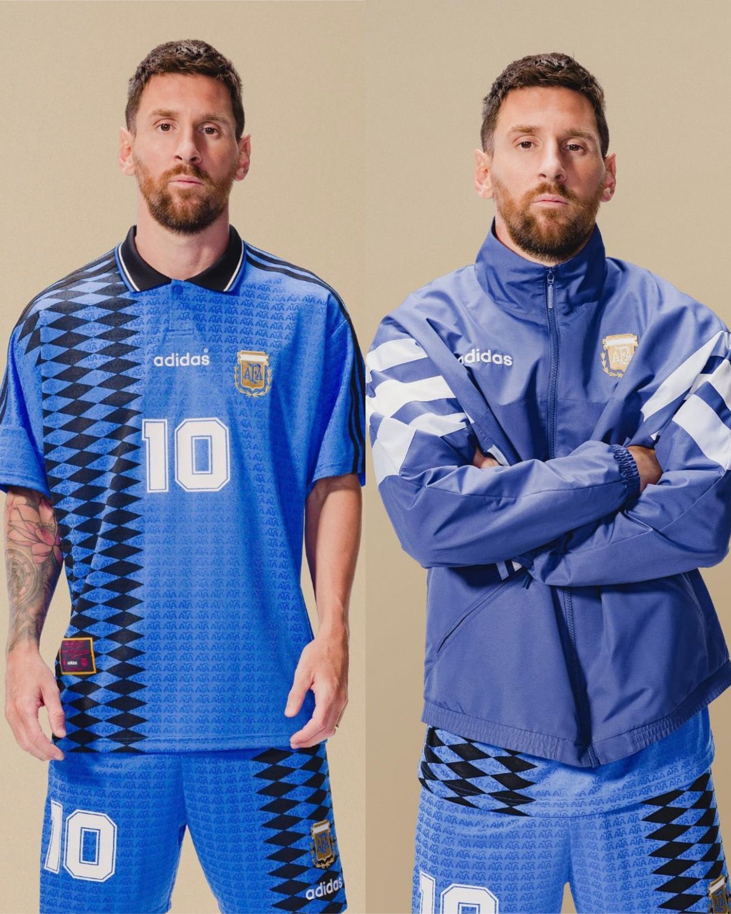 Leo Messi en una sesión de fotos de Adidas con una camiseta de Argentina, Maradona del Mundial 1994 1