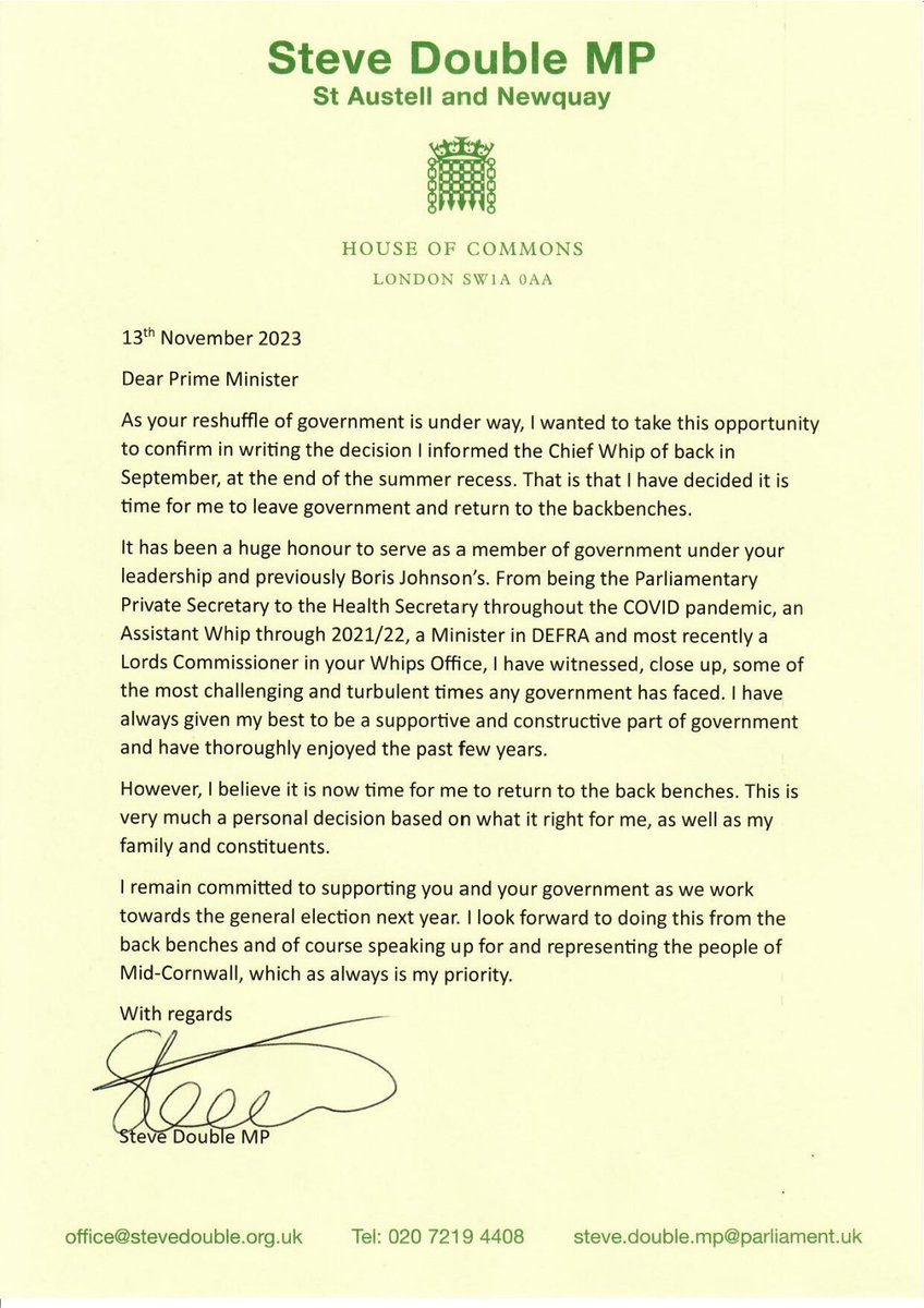 I have this evening written to the Prime Minister to inform him of my decision to leave government. This was a decision I made several weeks ago and informed the Chief Whip at the time. This is a personal decision I have reached that is right for me, my family and constituents.