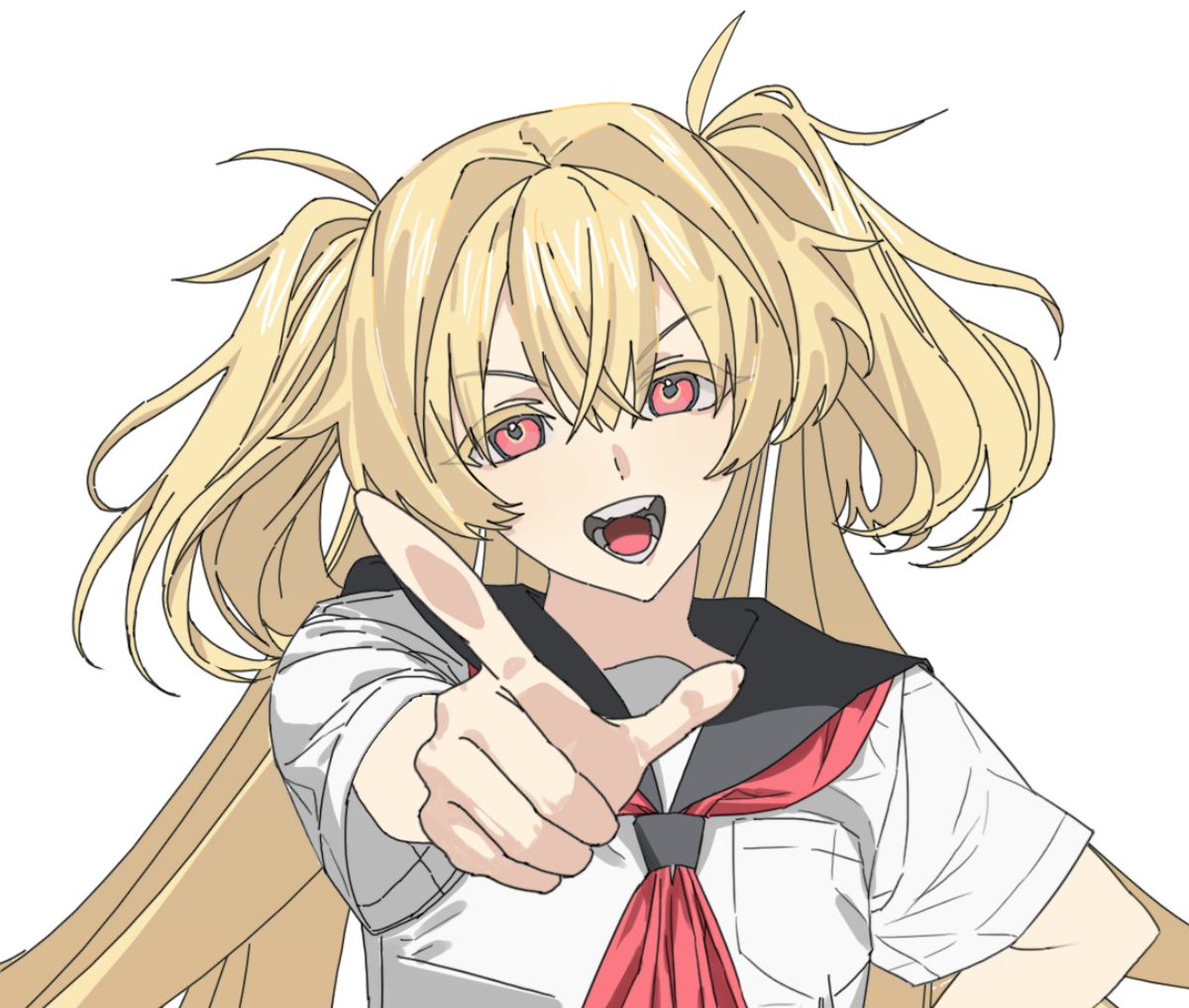 1girl blonde hair solo pointing pointing at viewer school uniform white background  illustration images