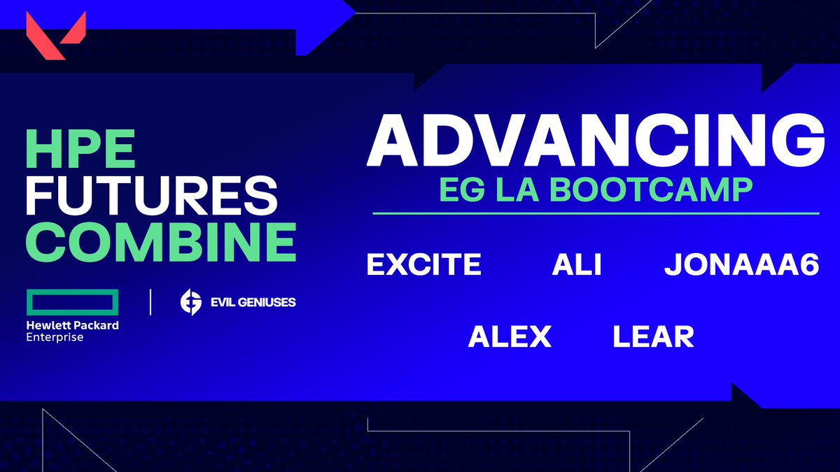The VALORANT HPE Futures Combine LA bootcamp starts tomorrow!

Congratulations to <a href="/ExciteMVP/">Excite</a>, <a href="/alitheowbot/">Ali</a>, <a href="/Jonaaa6_VAL/">Jonaaa6</a>, @a1exPC and <a href="/Lear_VAL/">Lear 🇰🇷</a> for advancing to the final stage—see you soon in LA 😈

<a href="/HPE/">HPE</a>