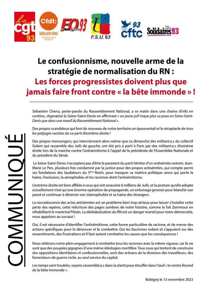 snpespjj's tweet photo. Les organisations syndicales dénonce les propos abjects de l'extrême droite. Ce courant par son action passé et ses idées est un danger pour toutes et tous. Avec ou sans masque de la dédiabolisation elle reste une "bête  immonde". https://t.co/grNNvqLoJt