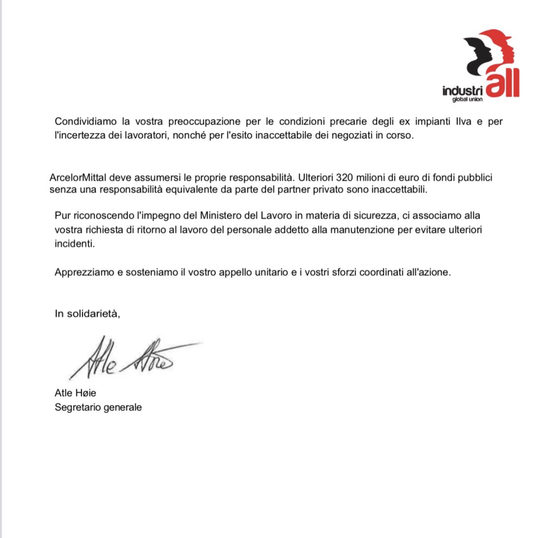Ex #Ilva Acciaierie D’Italia la solidarietà di  <a href="/IndustriALL_GU/">IndustriALL 🦋 @industriall-union.org</a> ai lavoratori metalmeccanici italiani #ArcelorMittal <a href="/atlehoie/">Atle Høie</a> 
<a href="/BBCNews/">BBC News (UK)</a>

 fim-cisl.it/2023/11/13/atl…