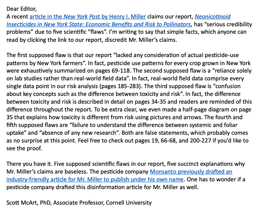 McArt Lab (@mcartlab) on Twitter photo My response to a recent article in the <a href="/nypost/">New York Post</a> that criticized our lab's research on neonicotinoid insecticides. The intent of the article was to spread disinformation, fool the public, and influence policymakers. Please don't be fooled, folks. My response to a recent article in the <a href="/nypost/">New York Post</a> that criticized our lab's research on neonicotinoid insecticides. The intent of the article was to spread disinformation, fool the public, and influence policymakers. Please don't be fooled, folks.