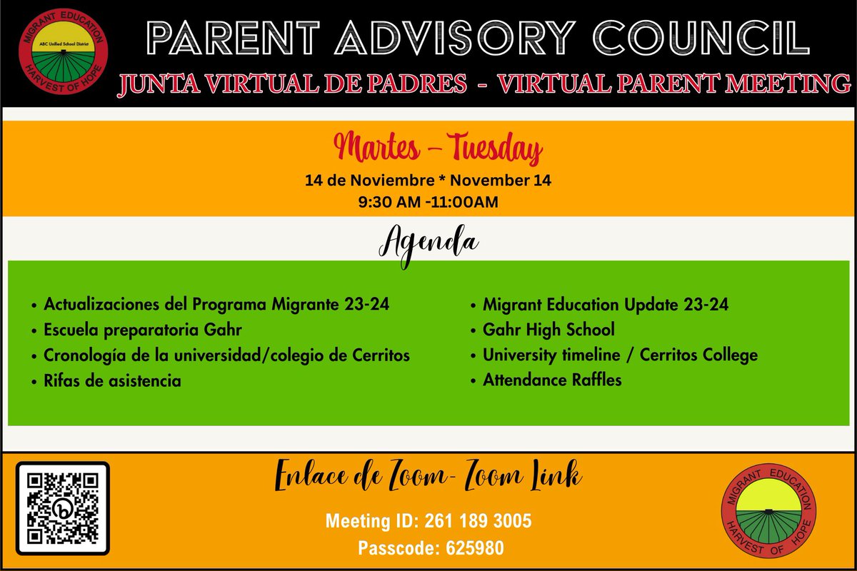 mep_abcusd's tweet image. Este Martes 14 de Noviembre es la junta de padres (PAC) de las 9:30 a.m.-11a.m por Zoom. Si tiene alguna pregunta por favor contacte a las reclutadoras del programa.