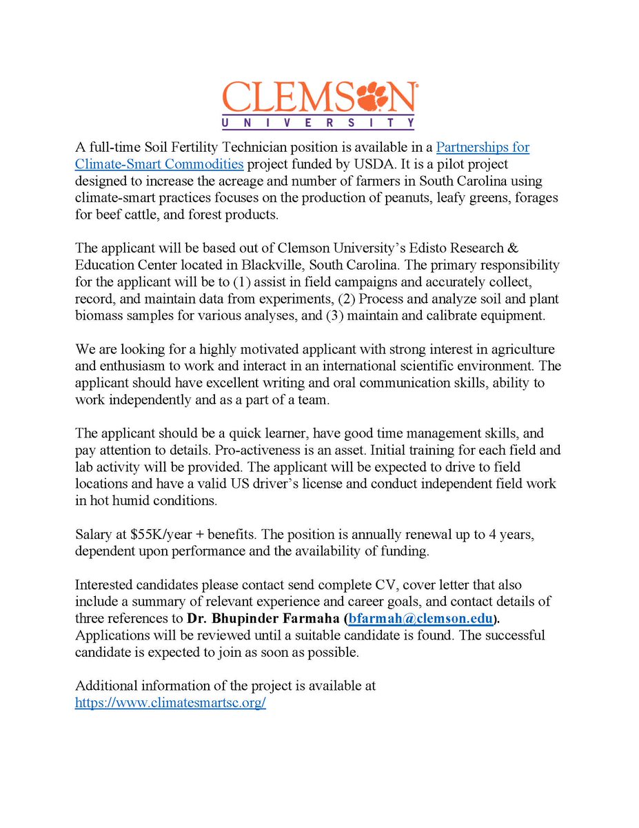 Join the #EREC team at <a href="/ClemsonUniv/">Clemson University</a> in Blackville, SC! We're  hiring for a Soil Fertility Technician ($55k; tinyurl.com/rfkjsdwh) and Climate-Smart Research  Associate ($60k; tinyurl.com/3rj6yyx2). If you're passionate about soil science &amp; on-farm research, apply now!