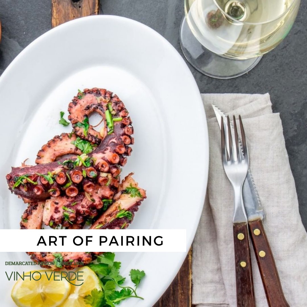 Indulge in the ultimate #Portuguese culinary experience. The crisp, citrus notes found in #VinhoVerde white wines, such as the Avesso variety, balance the delicate taste of grilled octopus. Would you try this pairing?