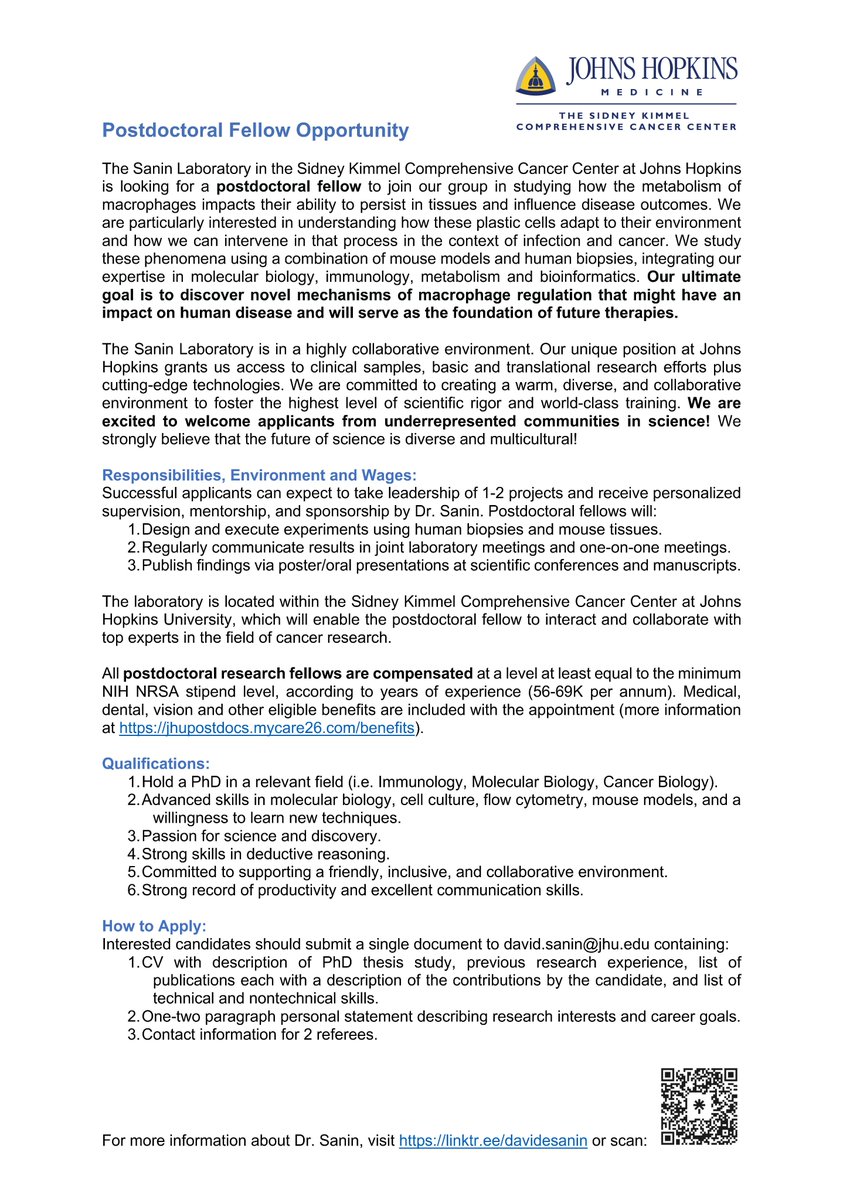 David E Sanin (@davidesanin) on Twitter photo Want to do a postdoc at JHU? Come join my lab! <a href="/hopkinskimmel/">Johns Hopkins Kimmel Cancer Center</a> <a href="/JohnsHopkins/">Johns Hopkins University</a>
Do you know someone looking for a great opportunity to work in immunology and macrophages? Please share!!
#sciencejobs
More info👇!! Want to do a postdoc at JHU? Come join my lab! <a href="/hopkinskimmel/">Johns Hopkins Kimmel Cancer Center</a> <a href="/JohnsHopkins/">Johns Hopkins University</a>
Do you know someone looking for a great opportunity to work in immunology and macrophages? Please share!!
#sciencejobs
More info👇!!