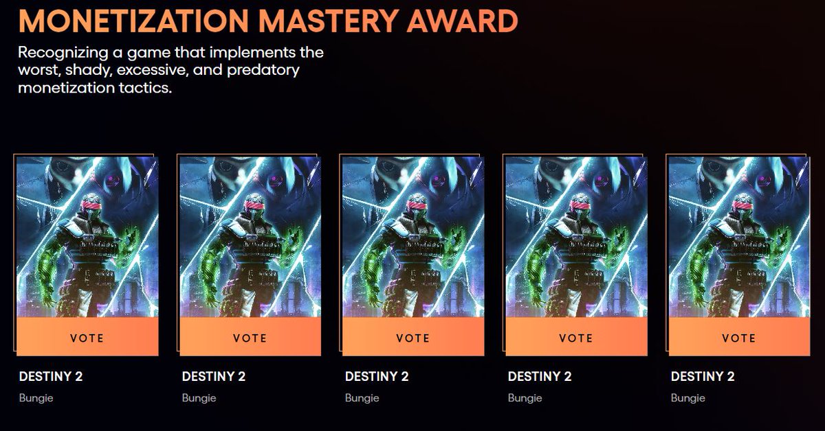 DestinyBulletn's tweet image. Destiny 2 has also been nominated for the Monetization Mastery Award. Wow.