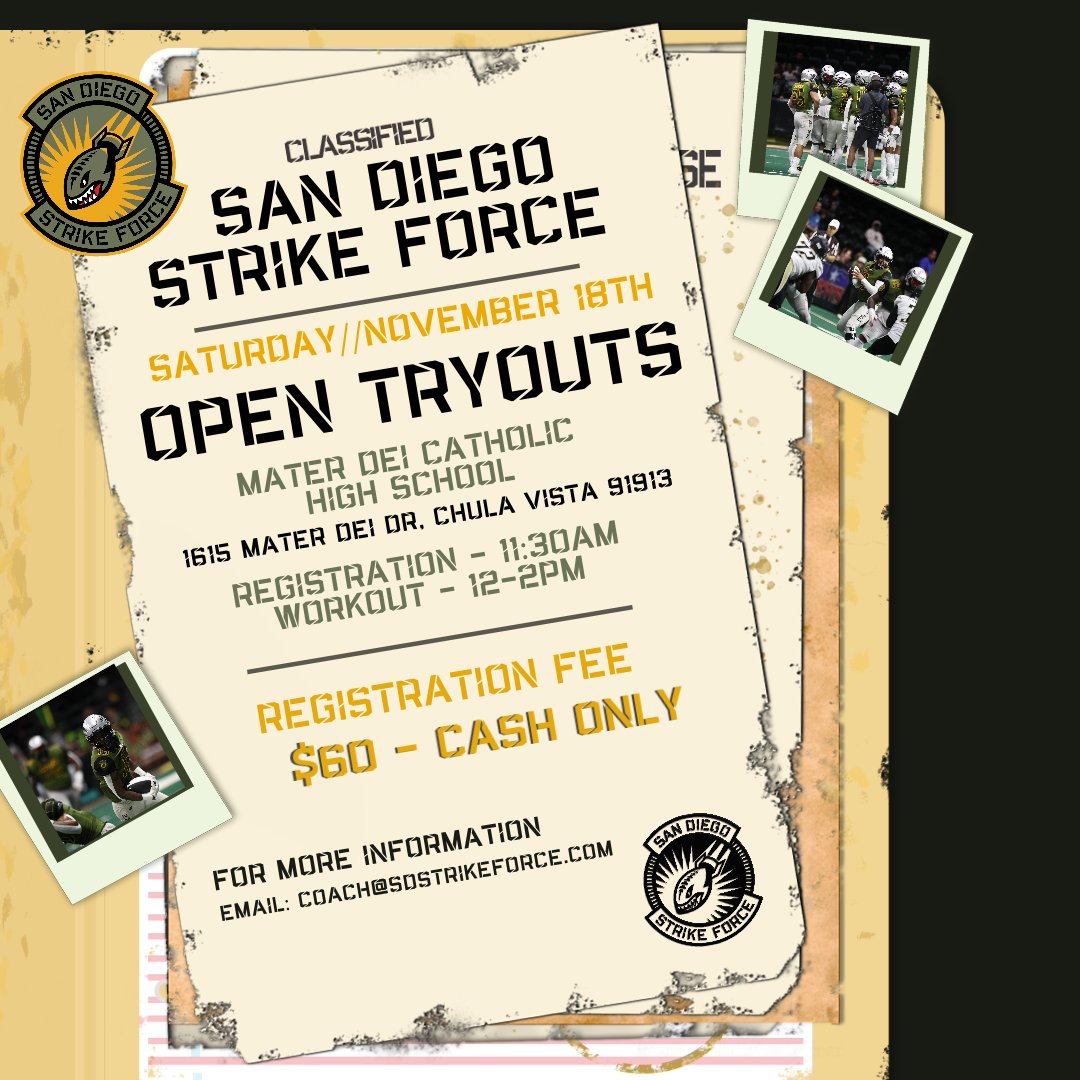 sdstrikeforce's tweet photo. Open Tryouts on Saturday, November 18th.
Registration starts at 11:30am. Workout starts at 12pm.
Registration fee: $60 cash only - on the day
Strike Force Prospect Form:
https://t.co/2e0TDCBc4m
#opentryouts #sandiego #strikeforce #football #2024 #IFL https://t.co/8CEfjv5GWE