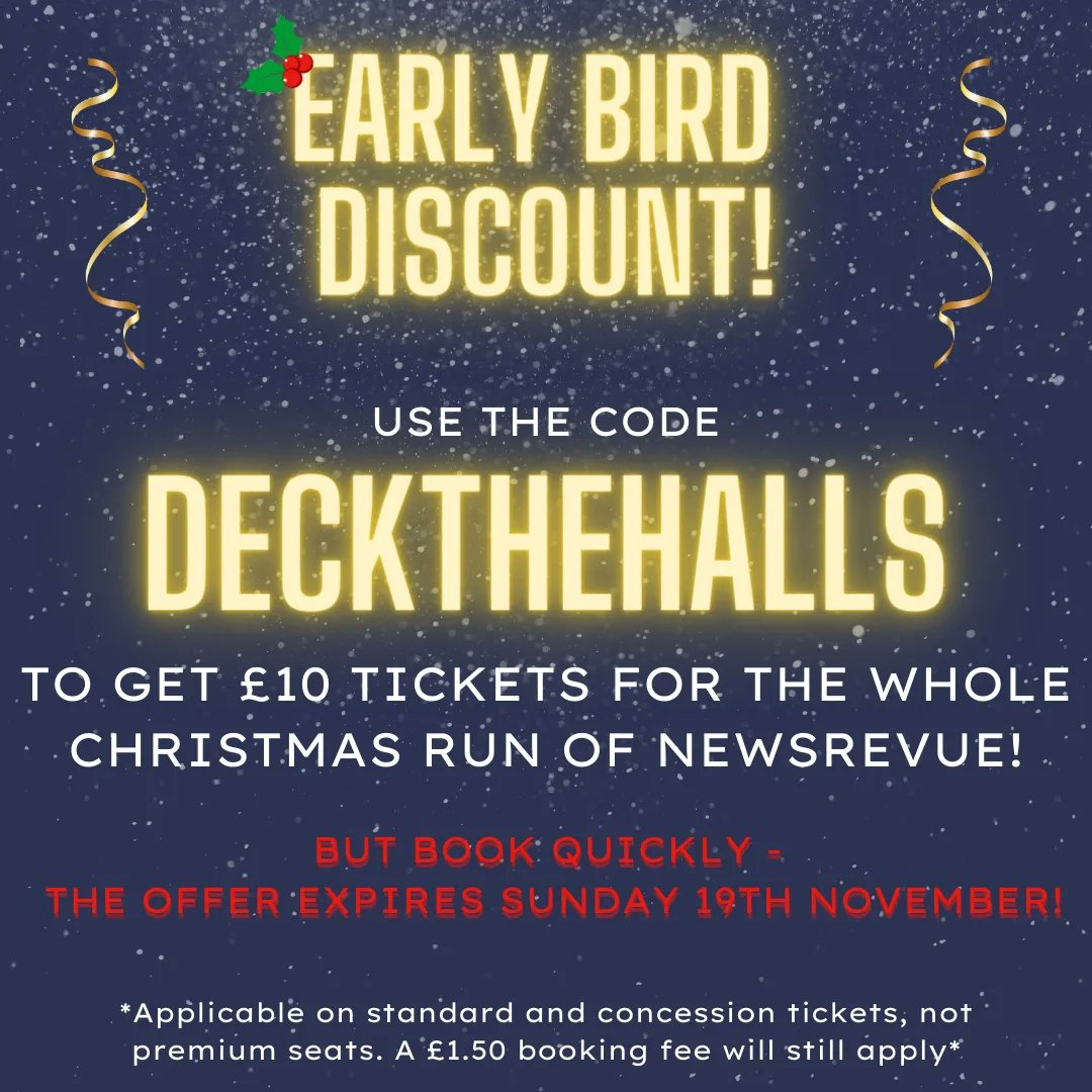 IT'S CHRISTMASSSS 🎅🎄☃️

Say hello to the familiar faces of the 2023 NewsRevue Xmas team - with another special guest joining them along the way... 👀

Plus, use our special early bird discount code to get £10 tickets for the whole run! But hurry! The offer ends this Sunday 😱