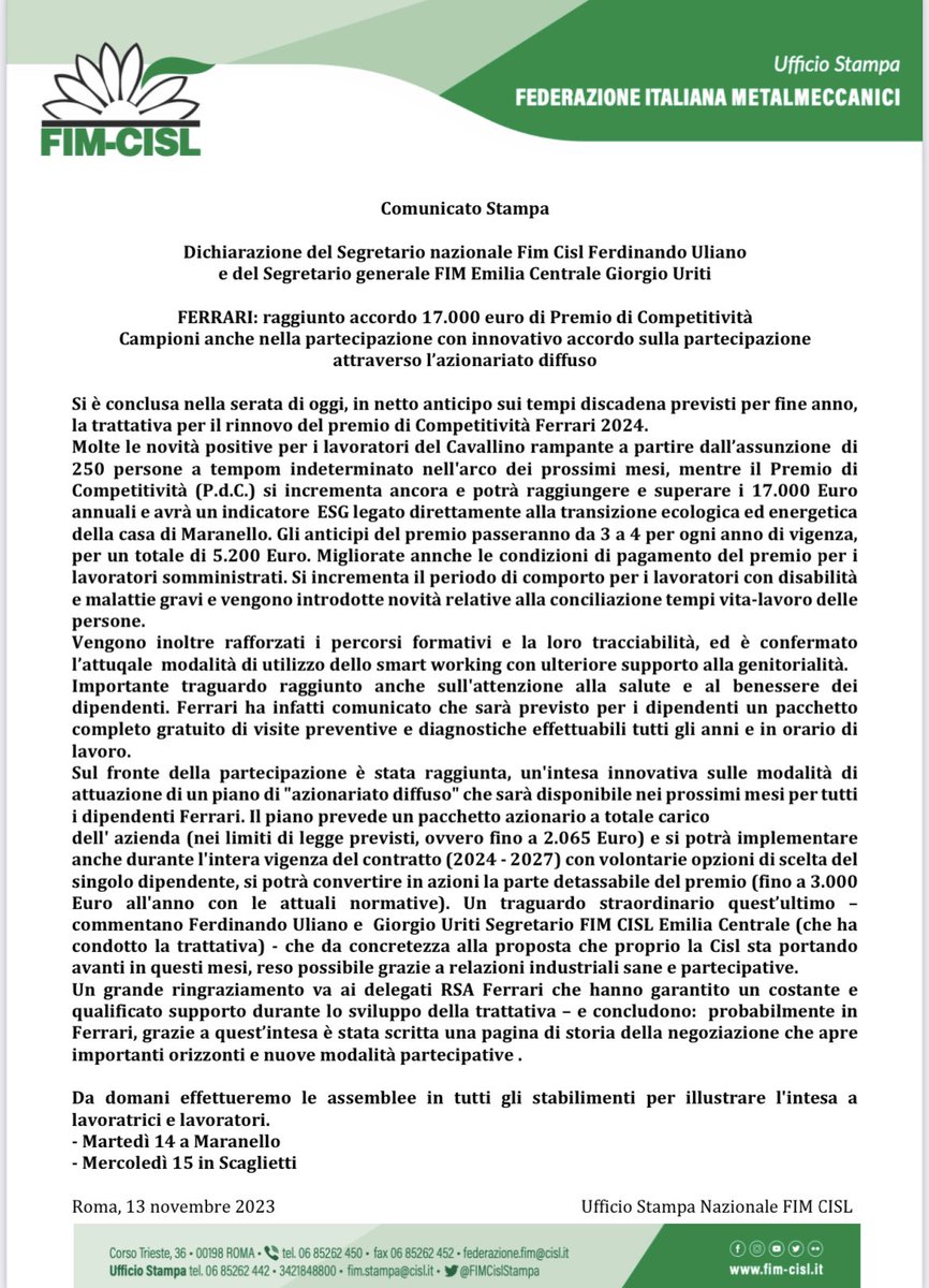 FIMCislStampa's tweet photo. 🏎️ #FERRARI Uliano
Uriti #FIM 👉raggiunto accordo: 17.000 euro di Premio di Competitività ma non solo con l’accordo siglato nel tardo pomeriggio il Cavallino Rampante campione di #partecipazione con innovativo accordo attraverso l’azionariato diffuso. 
#unpostoaltavolo https://t.co/xNWZVAihGR