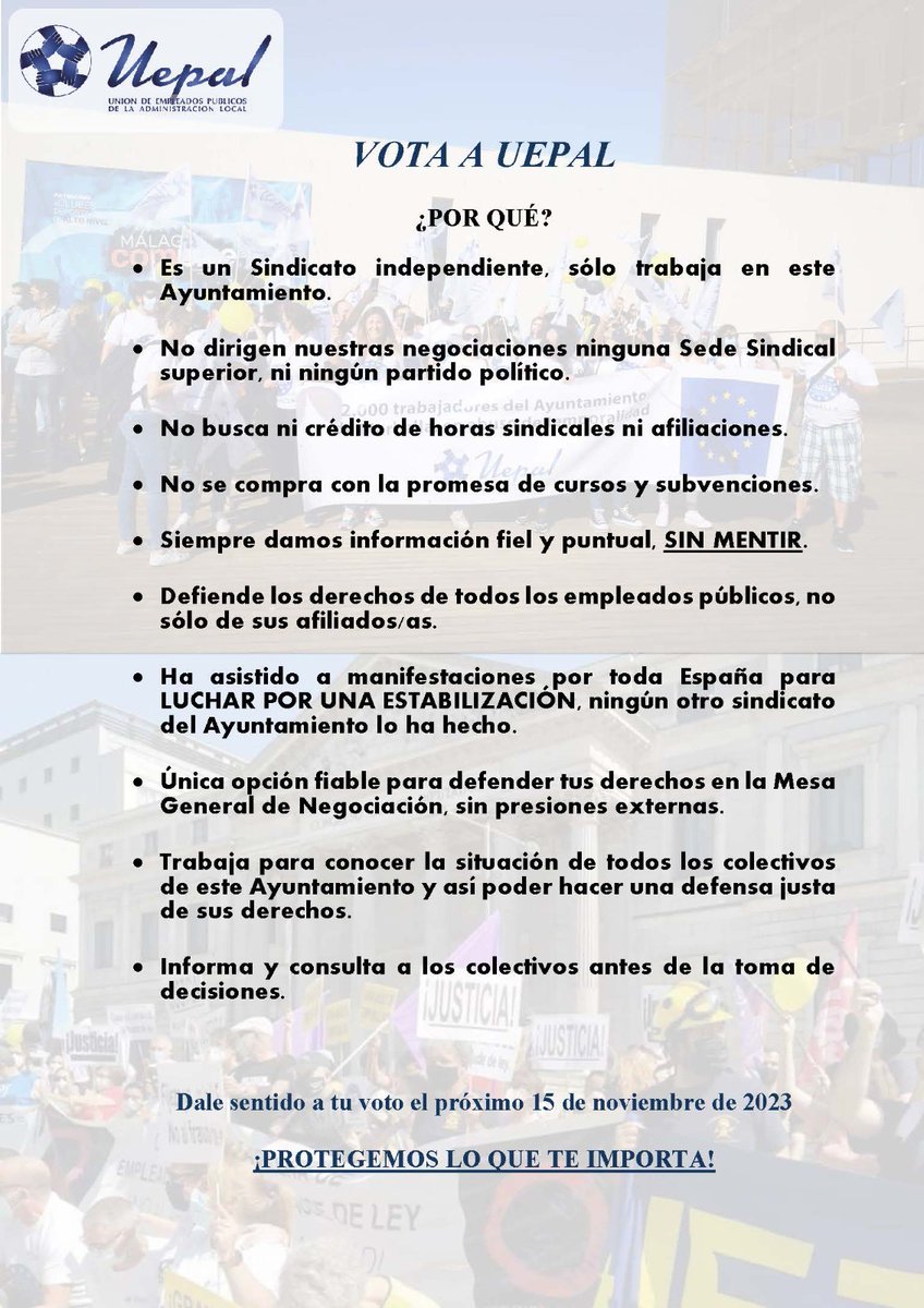 UEPAL1's tweet photo. Existen muchas razones para que nos apoyes con tu voto en las próximas elecciones, para el Comité de Empresa del Ayuntamiento de Marbella, este miércoles 15. #VotaUEPAL https://t.co/fdZg9r7vkf