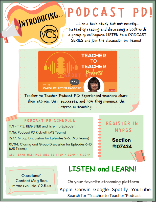Get your colleagues and join us for the first-ever #PodcastPD! Listen to Carol Pelletier Radford's 'Teacher to Teacher Podcast Series' on your own and meet on Teams to discuss with colleagues. @VolusiaLEADS @VCSNewTeachers @volusiaschools REGISTER TODAY!