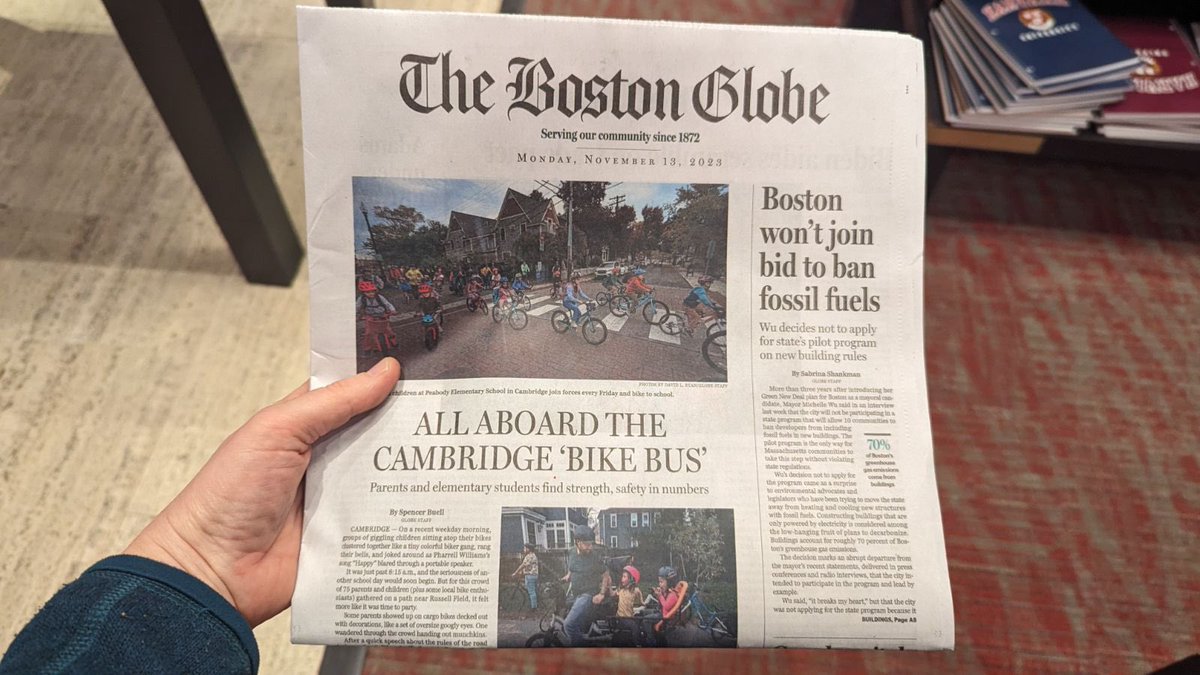 Front page of the @BostonGlobe well done @katicycle & your amazing #BikeBus team in Cambridge. I spot some people wearing @cleverhoods.