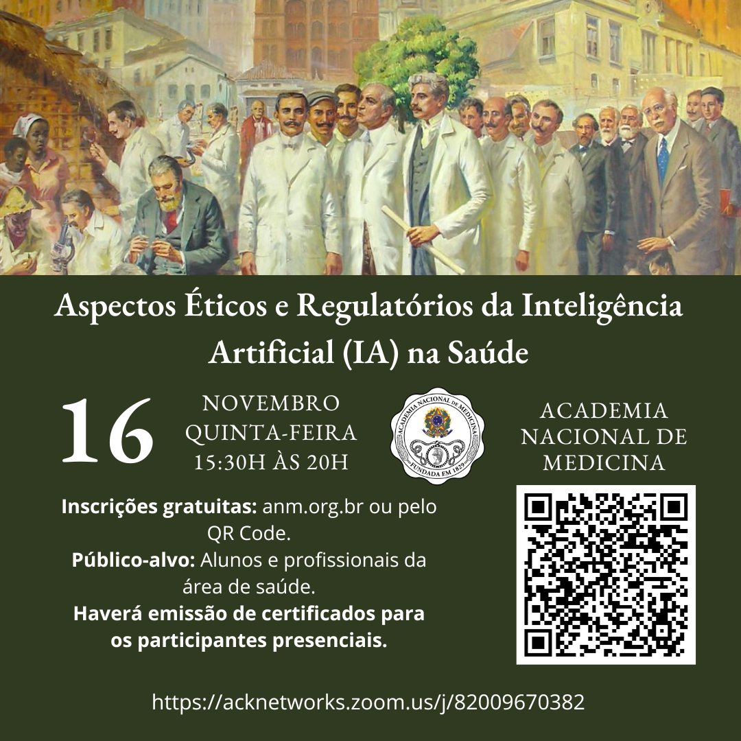acadnacmed (@acadnacmed) on Twitter photo Aspectos Éticos e Regulatórios da Inteligência Artificial na Saúde
16 de novembro de 2023
Horário: 15:30h às 20h
Emissão de certificados para os participantes presenciais do evento. Para se inscrever, acesse o link: anm.org.br/aspectos-etico…
ID da Reunião: 455.635.5455 Aspectos Éticos e Regulatórios da Inteligência Artificial na Saúde
16 de novembro de 2023
Horário: 15:30h às 20h
Emissão de certificados para os participantes presenciais do evento. Para se inscrever, acesse o link: anm.org.br/aspectos-etico…
ID da Reunião: 455.635.5455