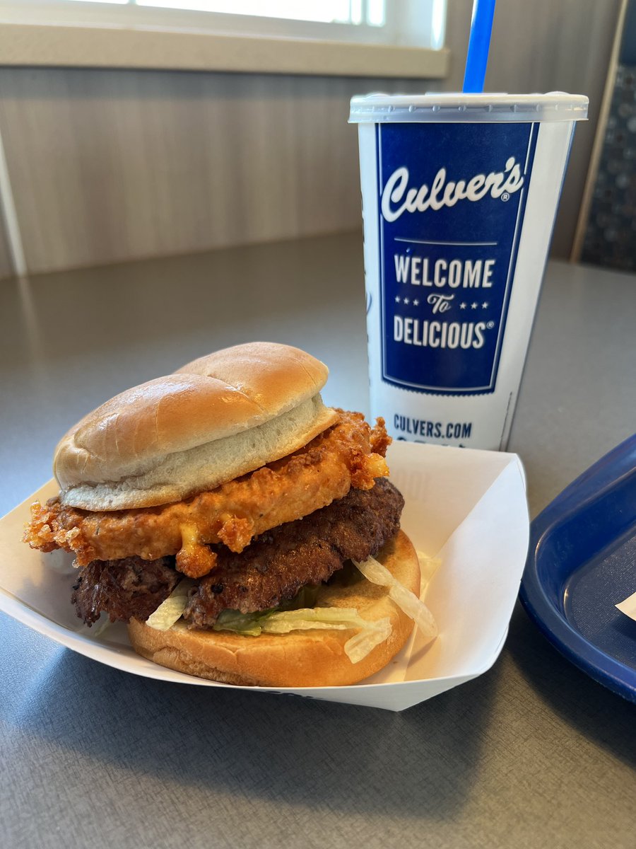 KennethABass's tweet image. Does it get anymore #midwest than this? I present the Curderburger from @culvers . A deluxe burger topped with a cheese curd patty. It’s good but schedule a nap for after. #ope